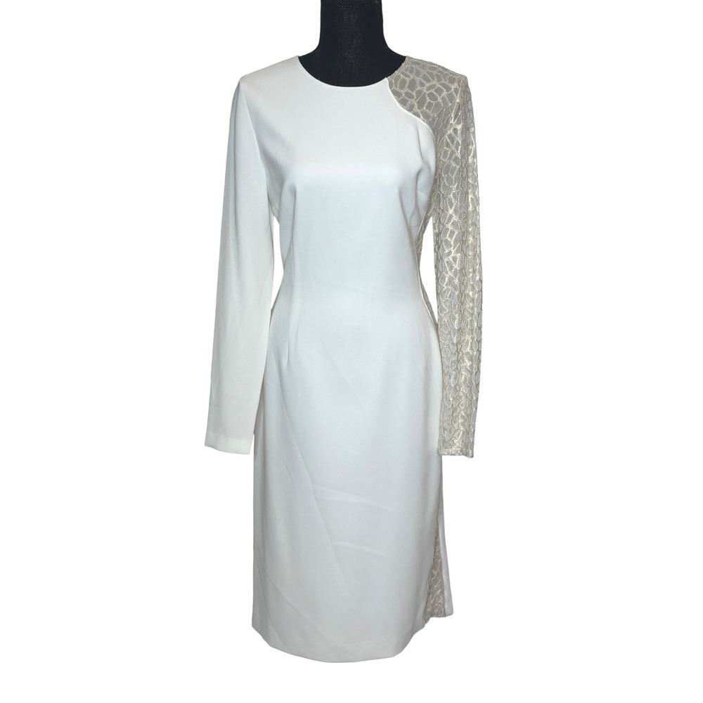 Elie Tahari Cream White Asymmetrical Gold Lace Sleeve Sheath Dress ED087617